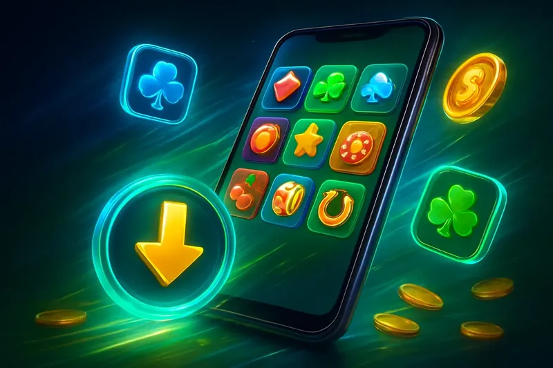 Glossy smartphone casino app banner with neon download icon and glowing tiles
