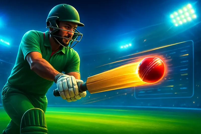 Cricket batter striking ball under stadium lights in dynamic sportsbook banner