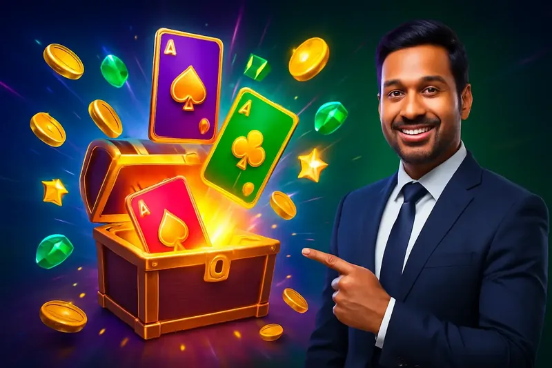 Glowing reward chest with bonus cards, coins, gems, and stars