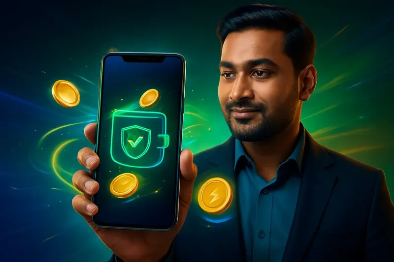 Hand holding smartphone with secure mobile wallet, coins, and speed light trails