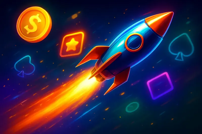 Glossy rocket launch casino banner with neon speed trails and game particles
