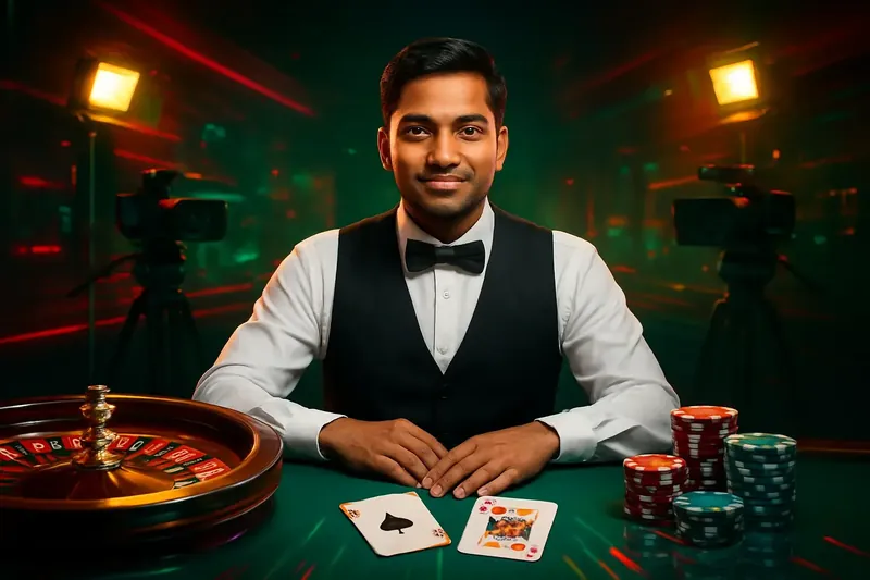 Friendly professional live dealer with roulette, cards, chips, and studio lights