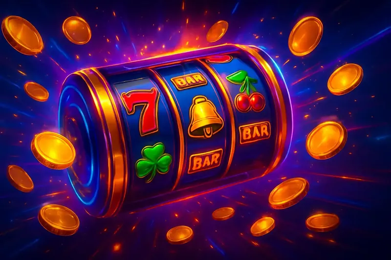 Colorful spinning slot machine reels with coins, sparkles, and neon glow